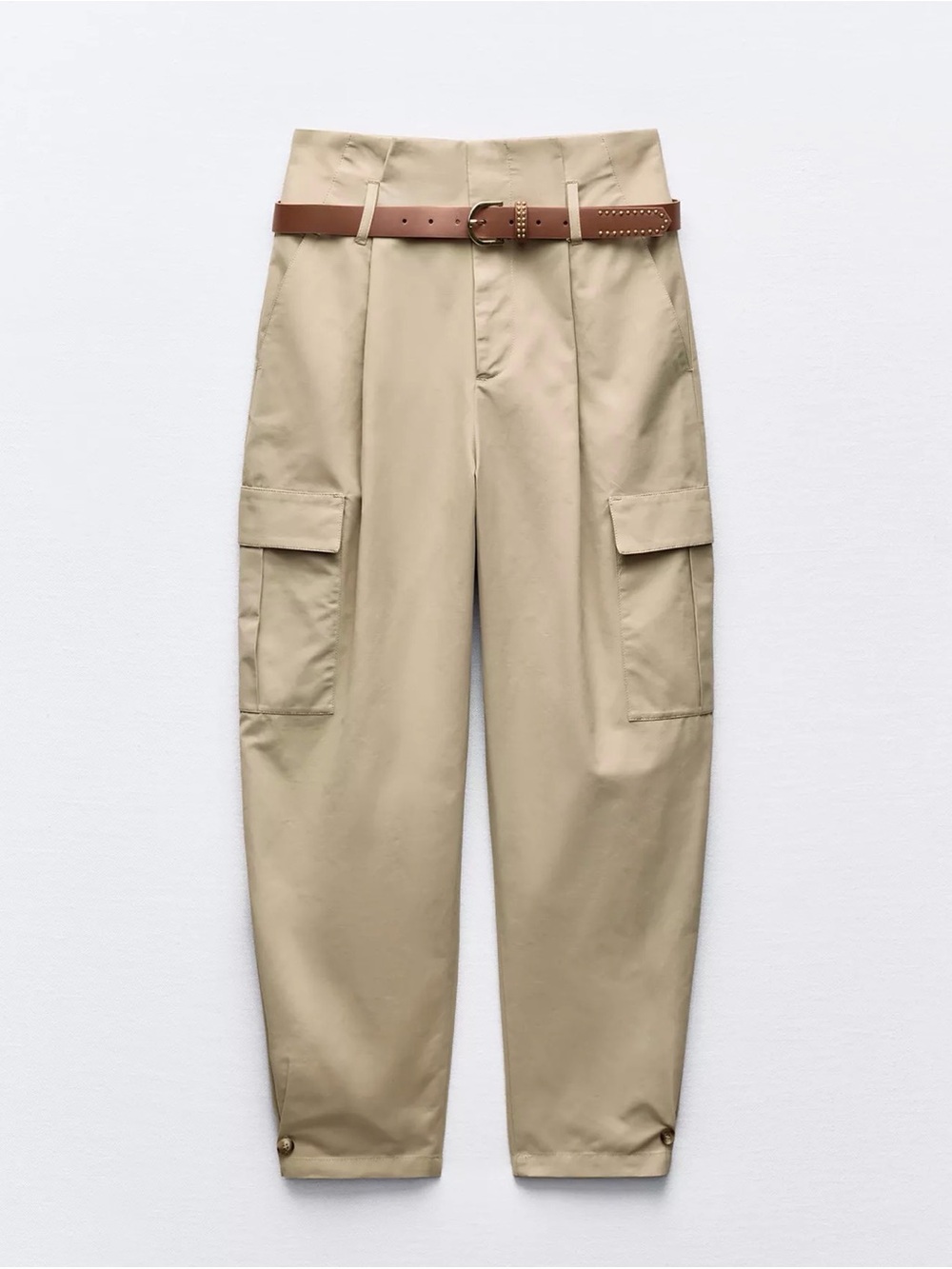 Zara Beige High-Waist Cargo Pants with Brown Belt